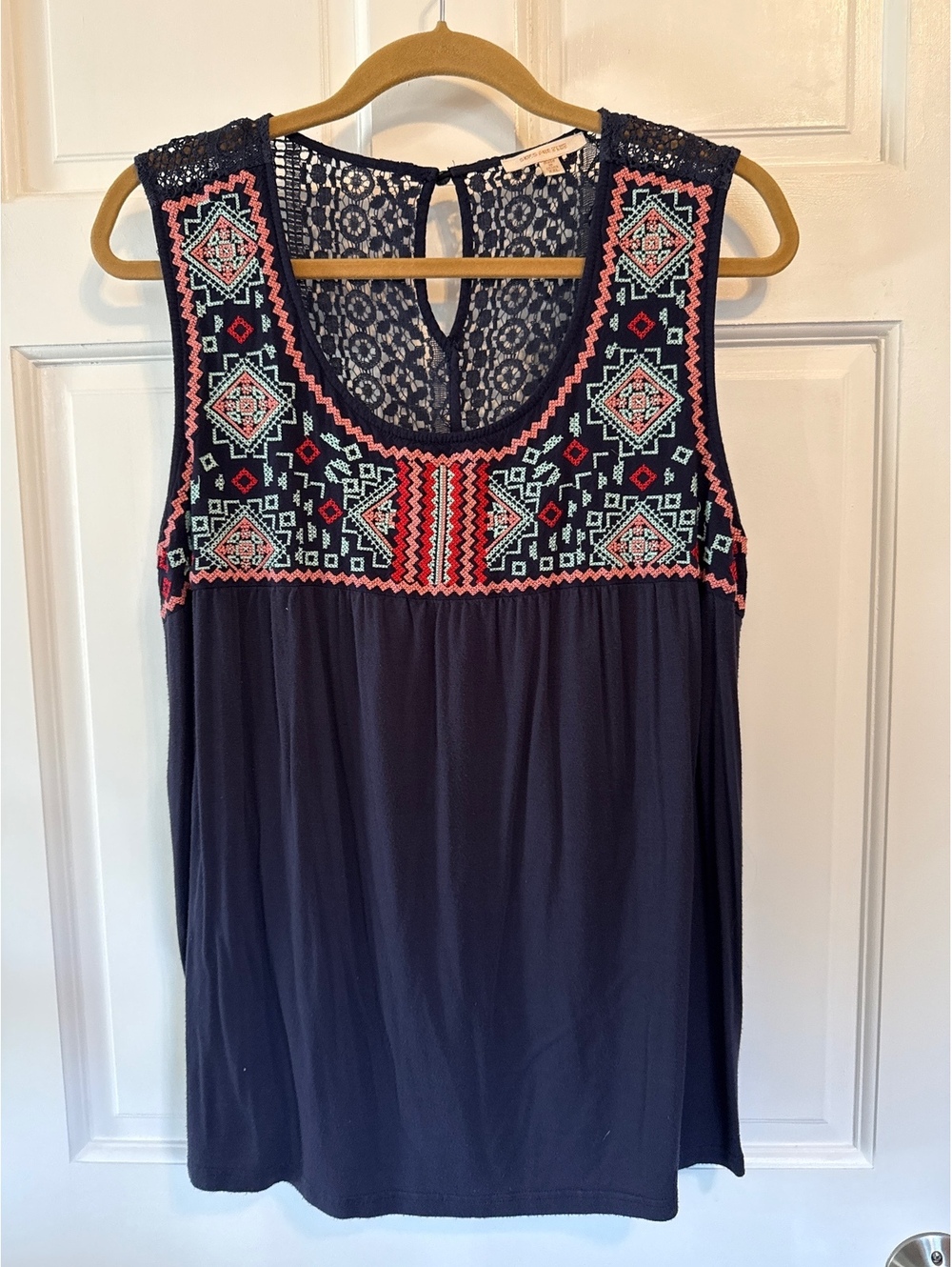 Skies Are Blue Embroidered Sleeveless Top with Lace Detail